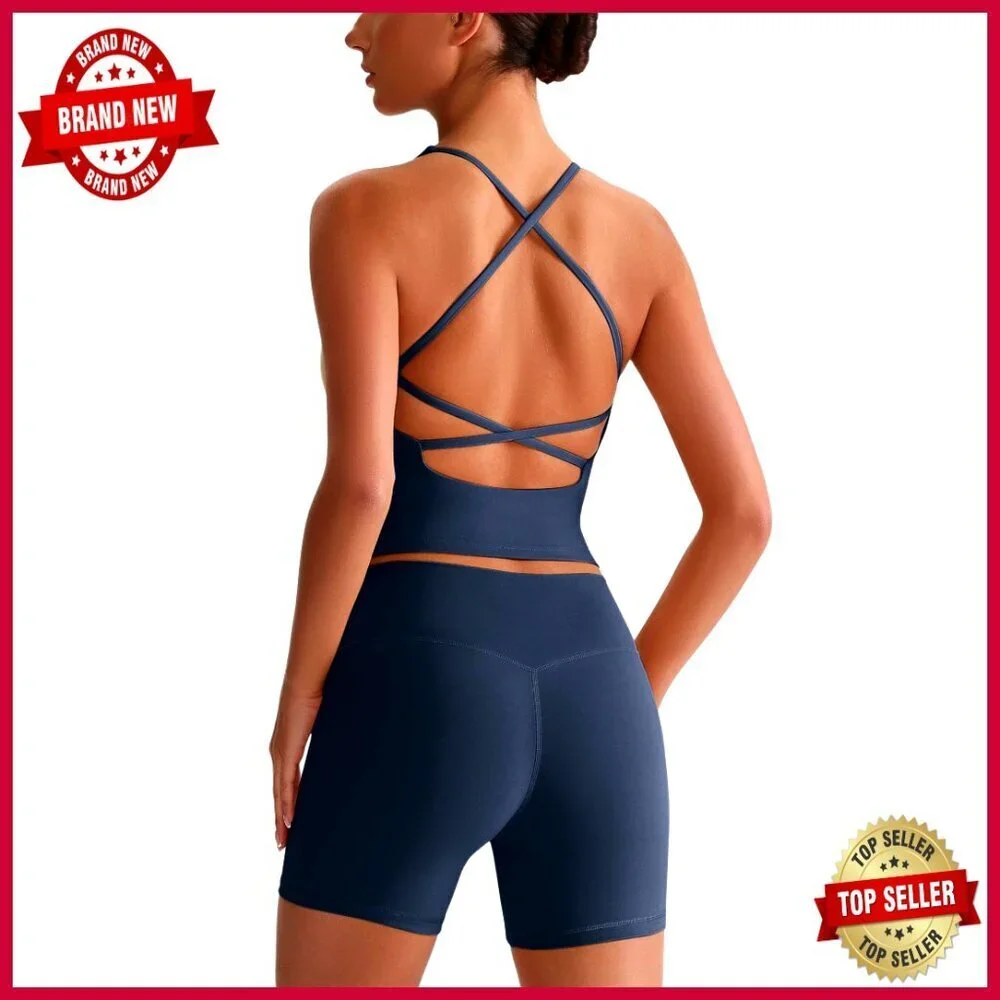Cross Back Sports Bra Tank High Waist Biker Shorts 2 Piece Workout Set